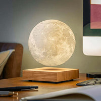 Levitating Moon Table Lamp - Floating Lunar Night Light - Light Brown Wood Base - Modern Decor
