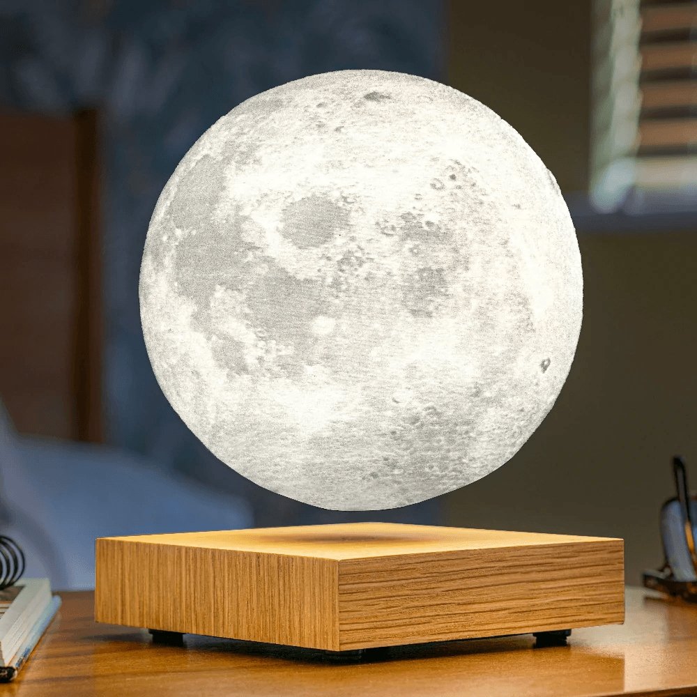 Levitating Moon Table Lamp - Floating Lunar Night Light - Light Brown Wood Base - Modern Decor - Image 2