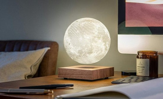 Levitating Moon Table Lamp - Floating Lunar Night Light - Light Brown Wood Base - Modern Decor - Image 3