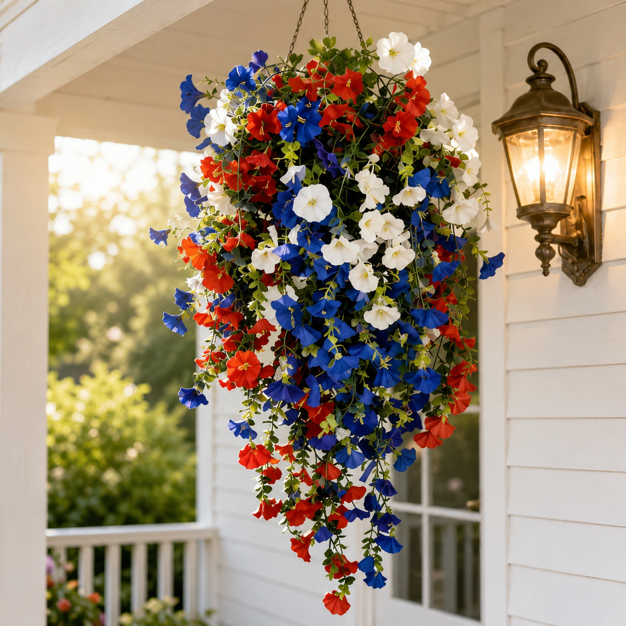 Liberty Bloom Patriotic Hanging Flower Basket with LED Lights, Red, White, and Blue Silk Blooms for July 4th Porch Decor