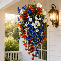 Liberty Bloom Patriotic Hanging Flower Basket with LED Lights, Red, White, and Blue Silk Blooms for July 4th Porch Decor