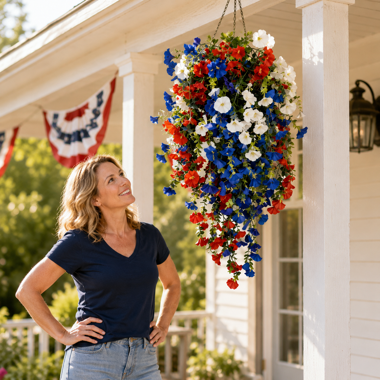 Liberty Bloom Patriotic Hanging Flower Basket with LED Lights, Red, White, and Blue Silk Blooms for July 4th Porch Decor