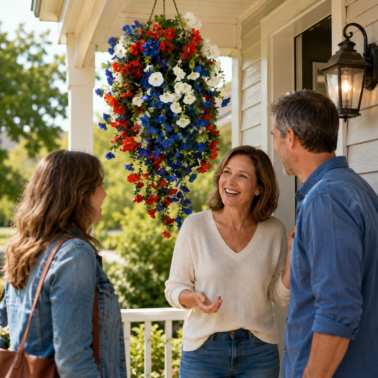 Liberty Bloom Patriotic Hanging Flower Basket with LED Lights, Red, White, and Blue Silk Blooms for July 4th Porch Decor