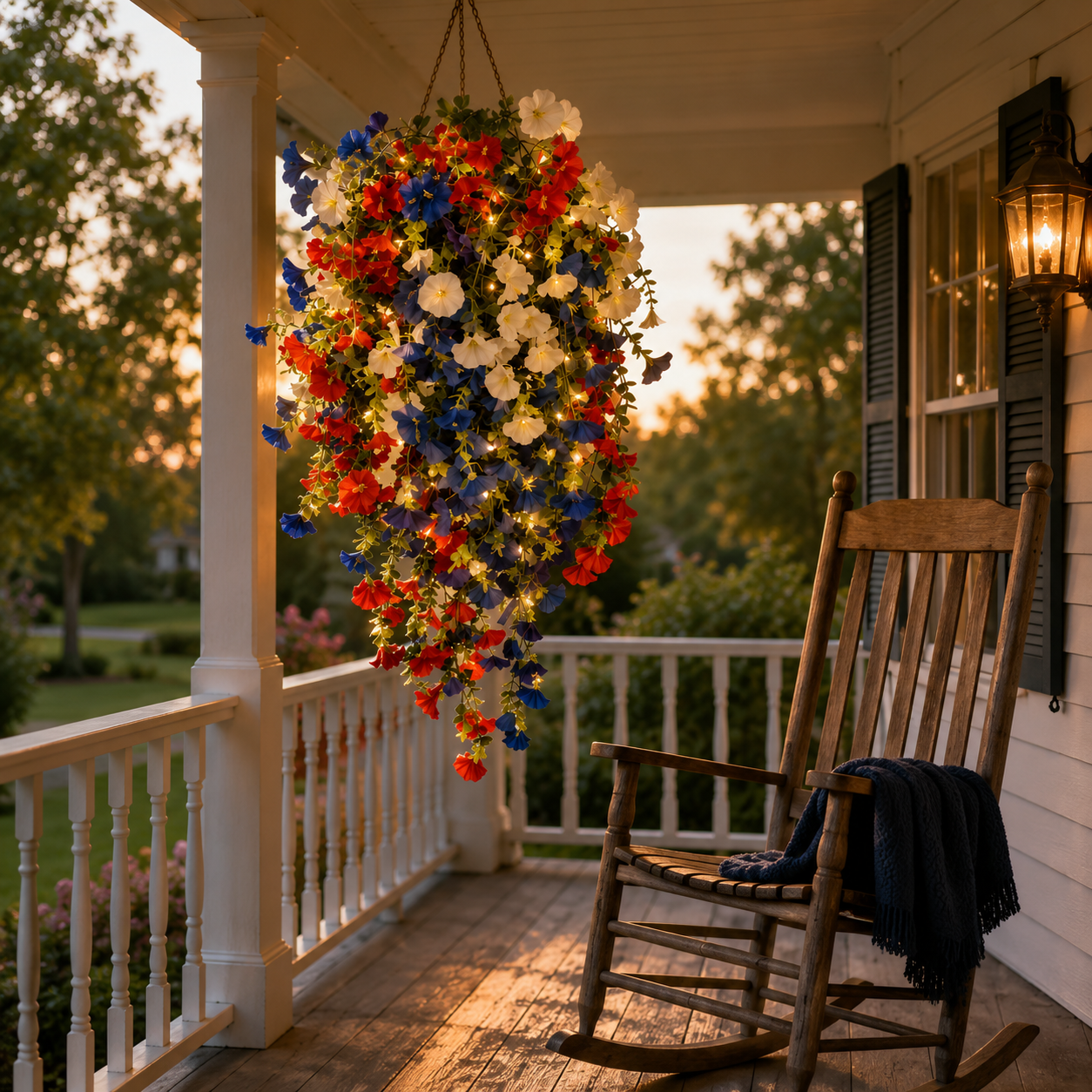 Liberty Bloom Patriotic Hanging Flower Basket with LED Lights, Red, White, and Blue Silk Blooms for July 4th Porch Decor
