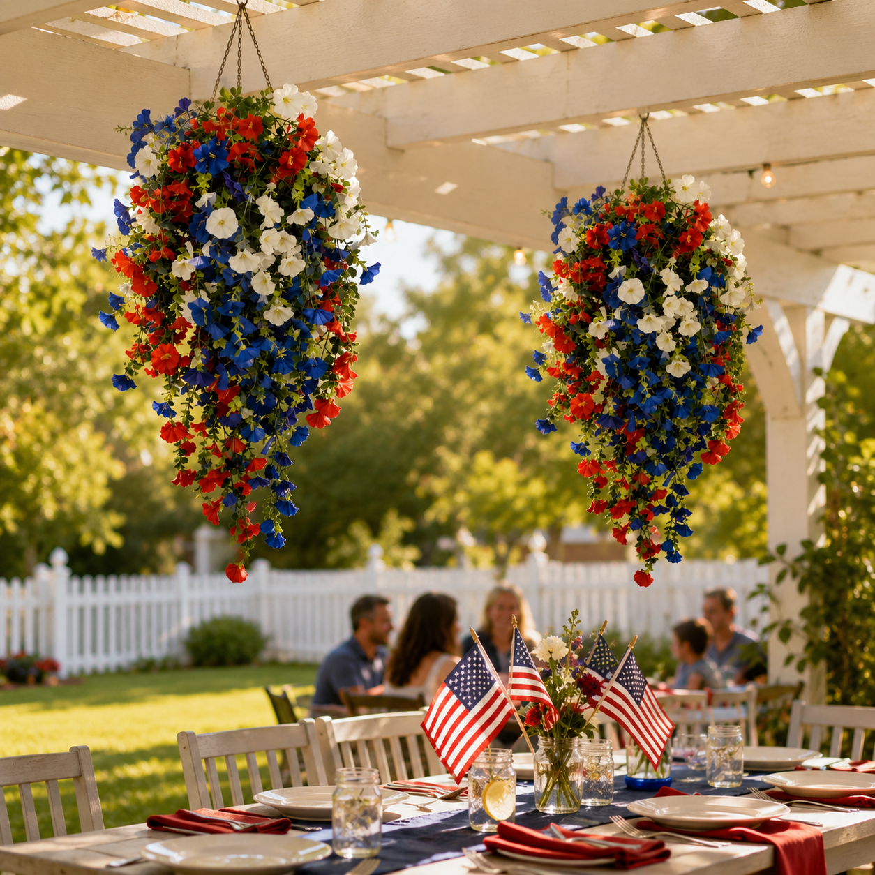 Liberty Bloom Patriotic Hanging Flower Basket with LED Lights, Red, White, and Blue Silk Blooms for July 4th Porch Decor
