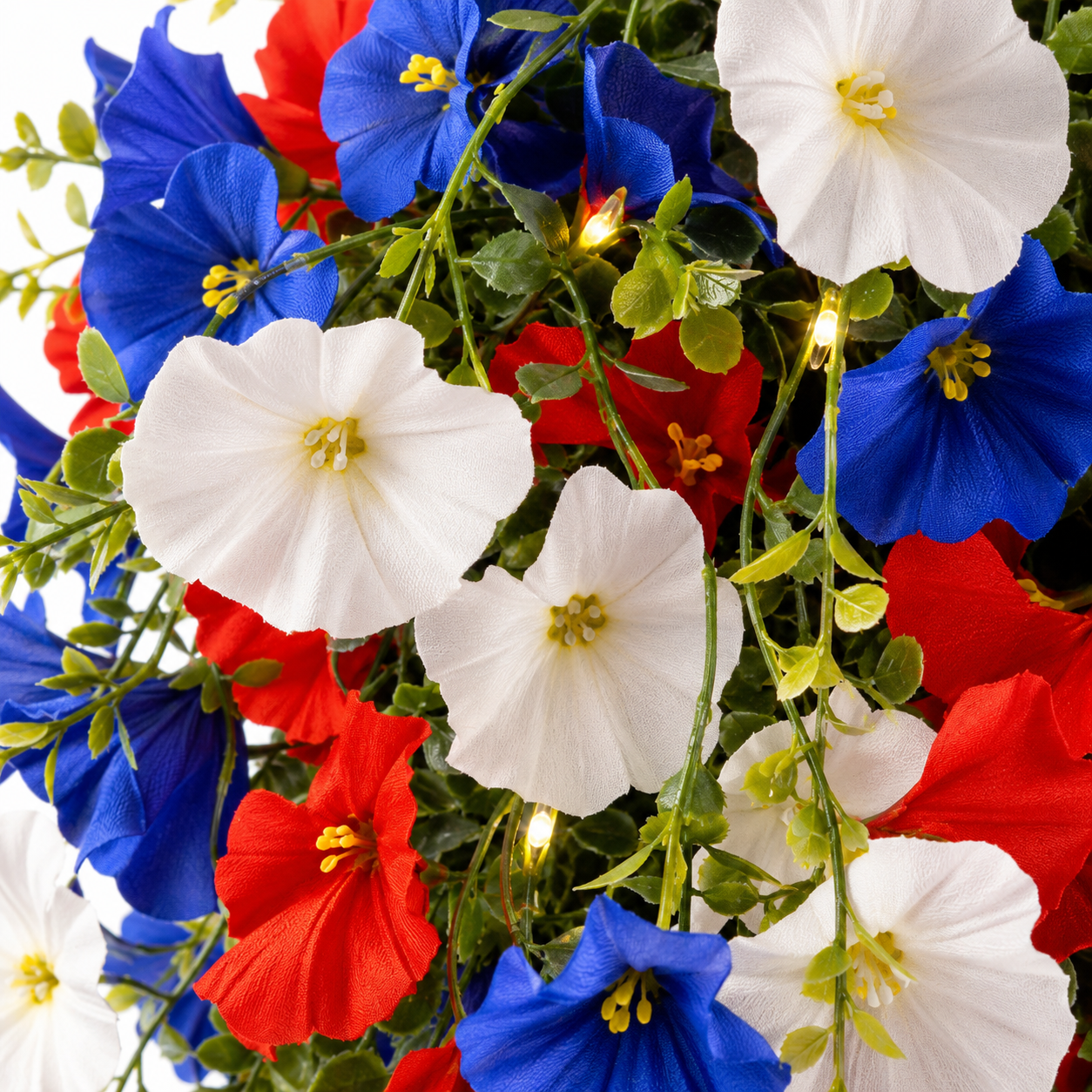 Liberty Bloom Patriotic Hanging Flower Basket with LED Lights, Red, White, and Blue Silk Blooms for July 4th Porch Decor