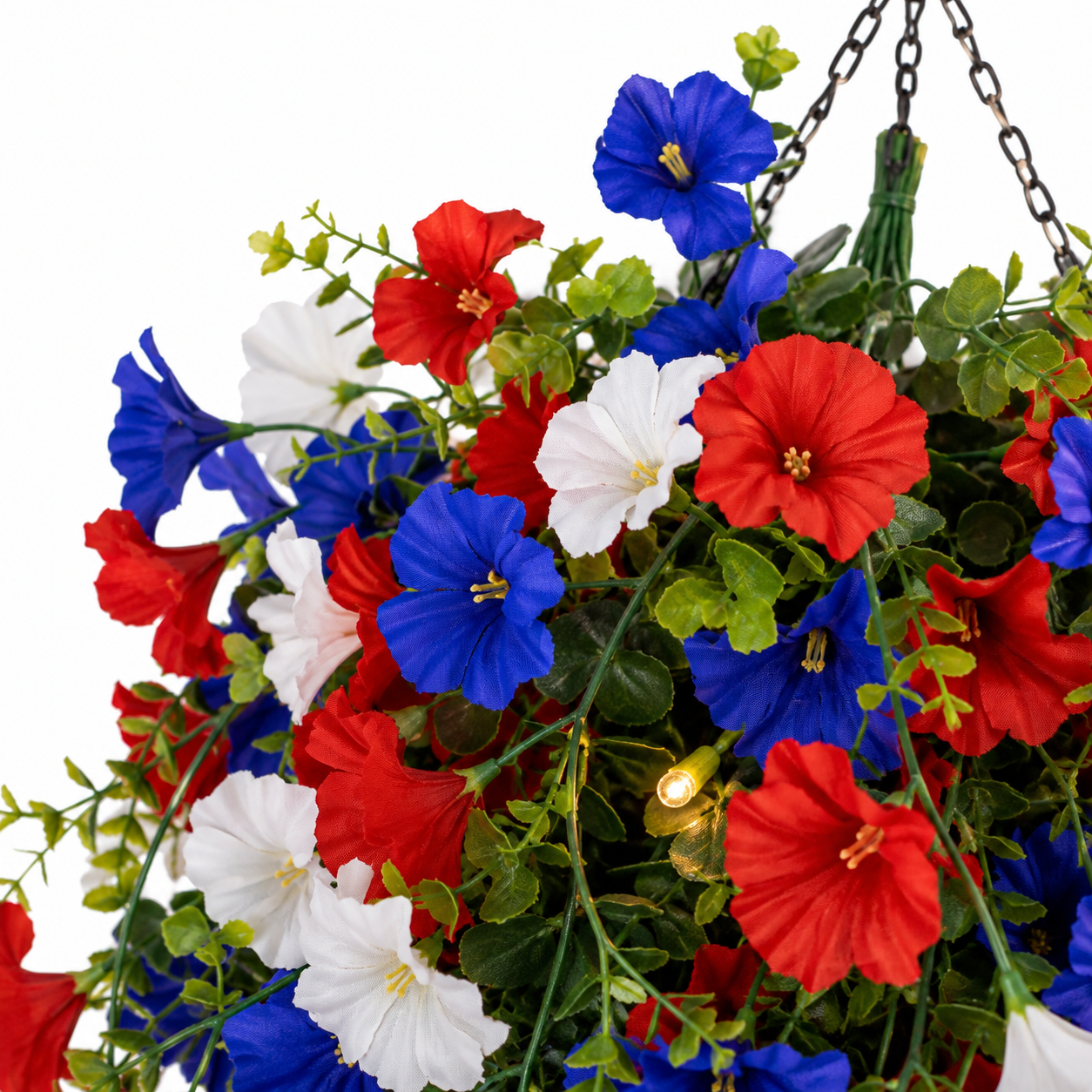 Liberty Bloom Patriotic Hanging Flower Basket with LED Lights, Red, White, and Blue Silk Blooms for July 4th Porch Decor