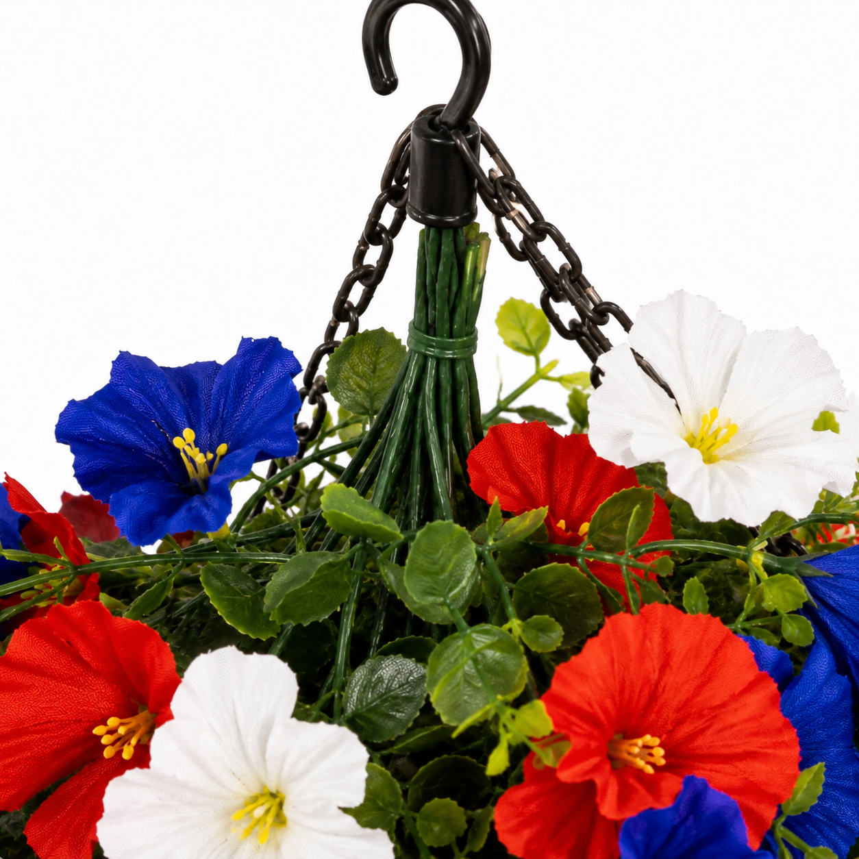 Liberty Bloom Patriotic Hanging Flower Basket with LED Lights, Red, White, and Blue Silk Blooms for July 4th Porch Decor