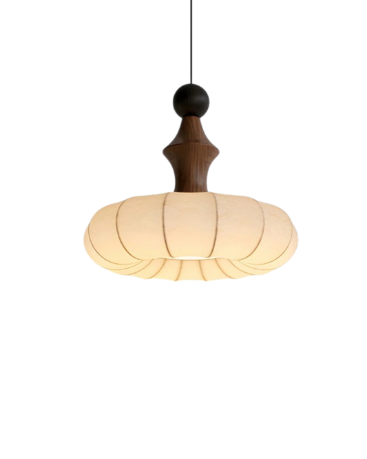 Linen Pendant Light - Modern Style Hanging Lamp with Wood Accents - Living & Dining Room Lighting - Image 1