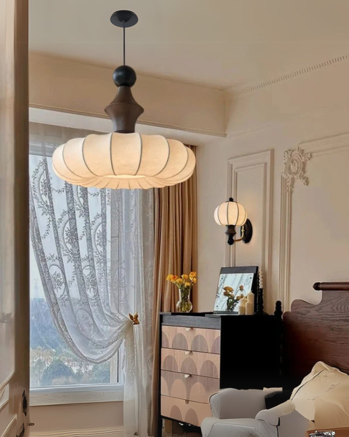 Linen Pendant Light - Modern Style Hanging Lamp with Wood Accents - Living & Dining Room Lighting - Image 2