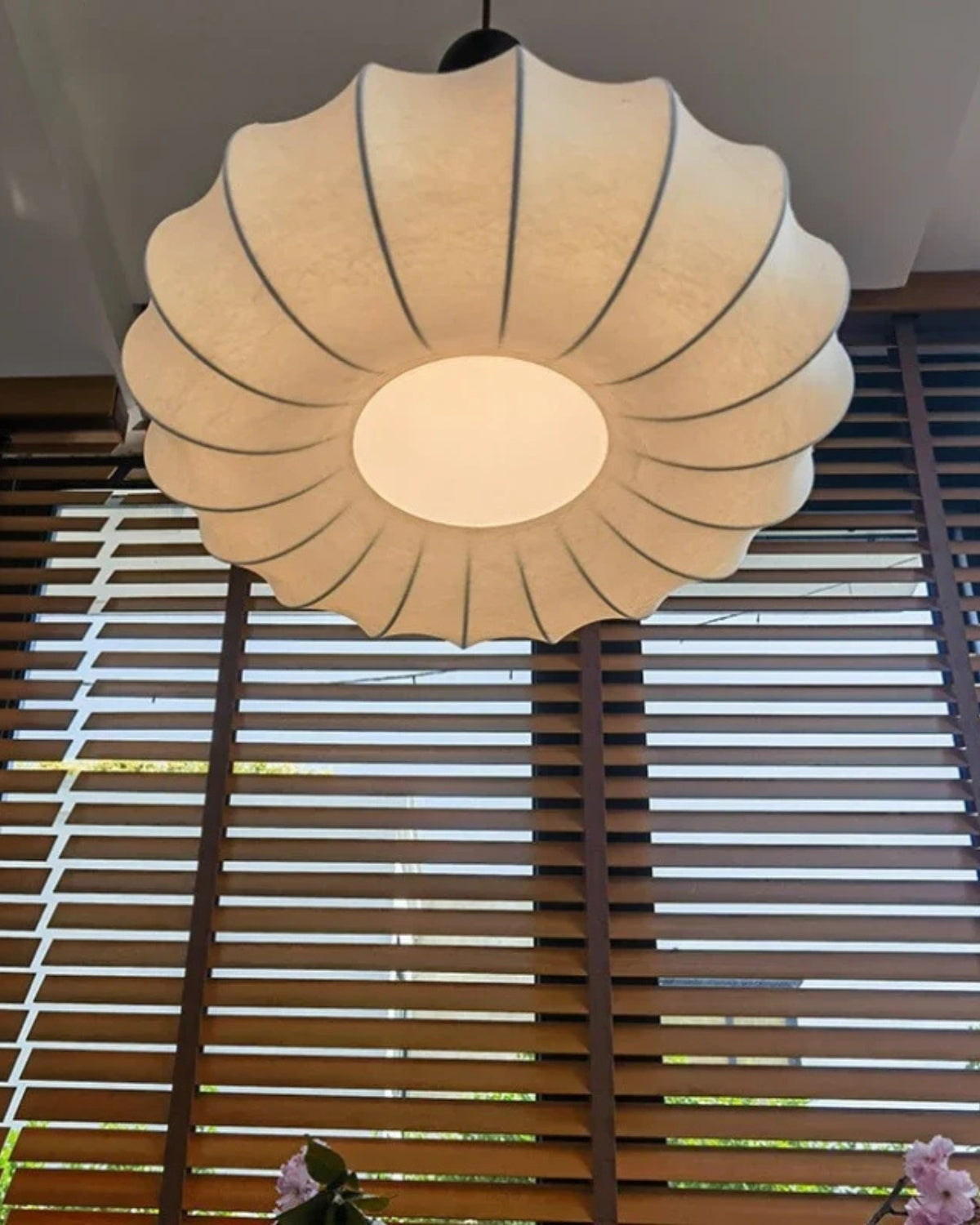 Linen Pendant Light - Modern Style Hanging Lamp with Wood Accents - Living & Dining Room Lighting - Image 3