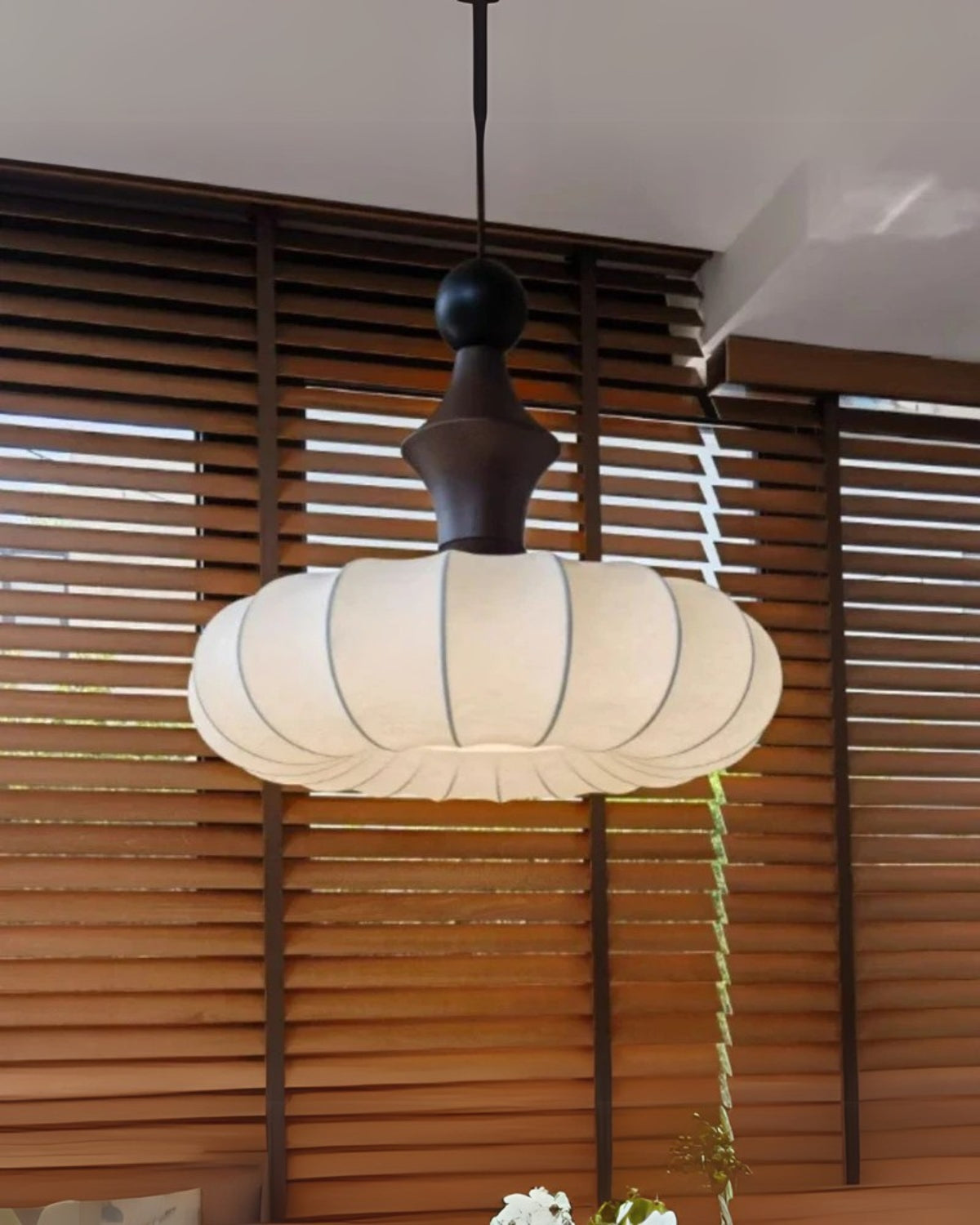 Linen Pendant Light - Modern Style Hanging Lamp with Wood Accents - Living & Dining Room Lighting - Image 4