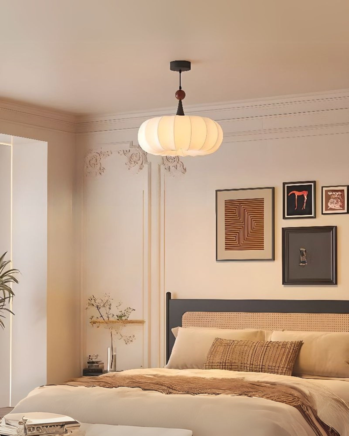 Linen Pendant Light - Modern Style Hanging Lamp with Wood Accents - Living & Dining Room Lighting - Image 5