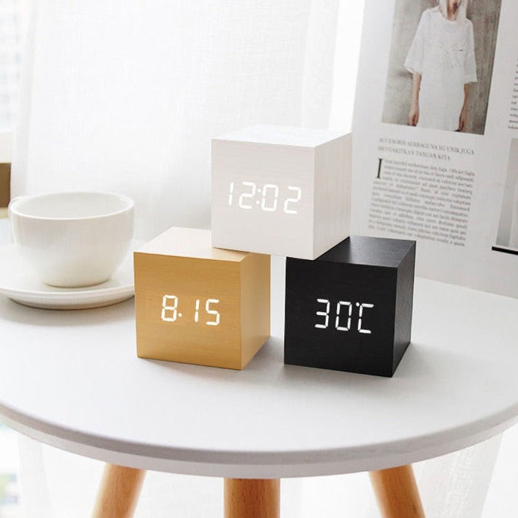 LumiCube LED Digital Alarm Clock - Wooden Cube with Minimalist Design - Smart Home Decor - Image 1