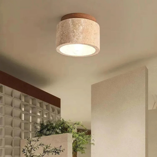 Marble and Wood Ceiling Lamp - Japanese Dimmable Flush Mount Light - Image 1
