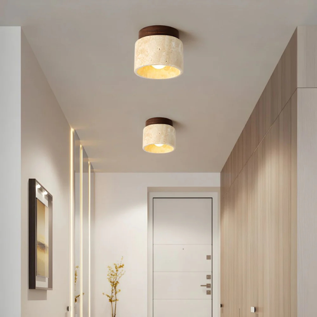 Marble and Wood Ceiling Lamp - Japanese Dimmable Flush Mount Light - Image 3