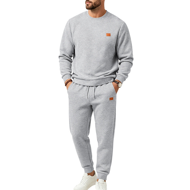 Men's Casual Textured Fleece Tracksuit with Crew Neck, Drawstring Waistband and Pockets