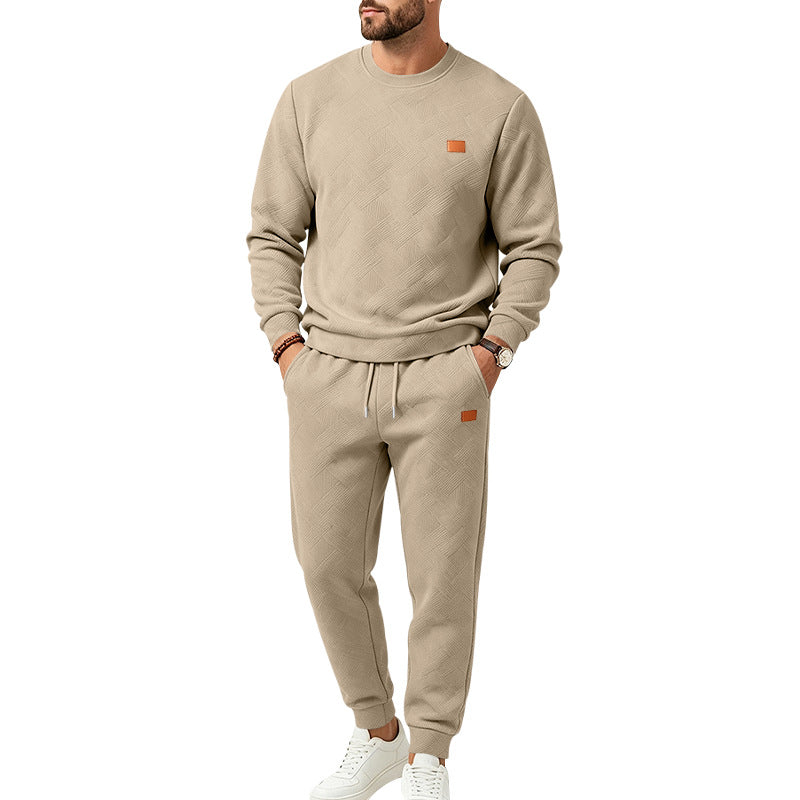 Men's Casual Textured Fleece Tracksuit with Crew Neck, Drawstring Waistband and Pockets