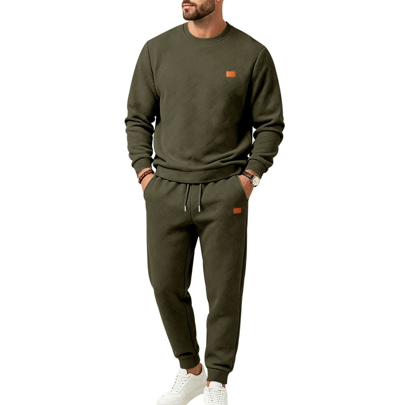 Men's Casual Textured Fleece Tracksuit with Crew Neck, Drawstring Waistband and Pockets