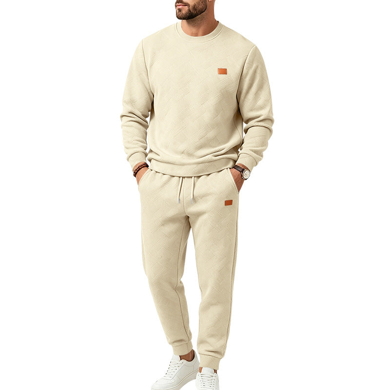 Men's Casual Textured Fleece Tracksuit with Crew Neck, Drawstring Waistband and Pockets