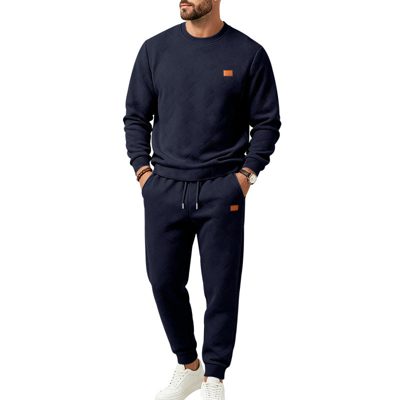 Men's Casual Textured Fleece Tracksuit with Crew Neck, Drawstring Waistband and Pockets