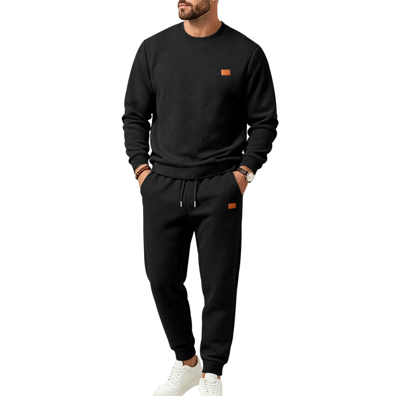 Men's Casual Textured Fleece Tracksuit with Crew Neck, Drawstring Waistband and Pockets