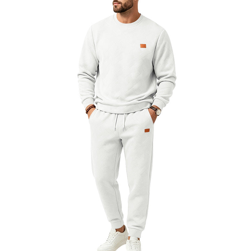 Men's Casual Textured Fleece Tracksuit with Crew Neck, Drawstring Waistband and Pockets