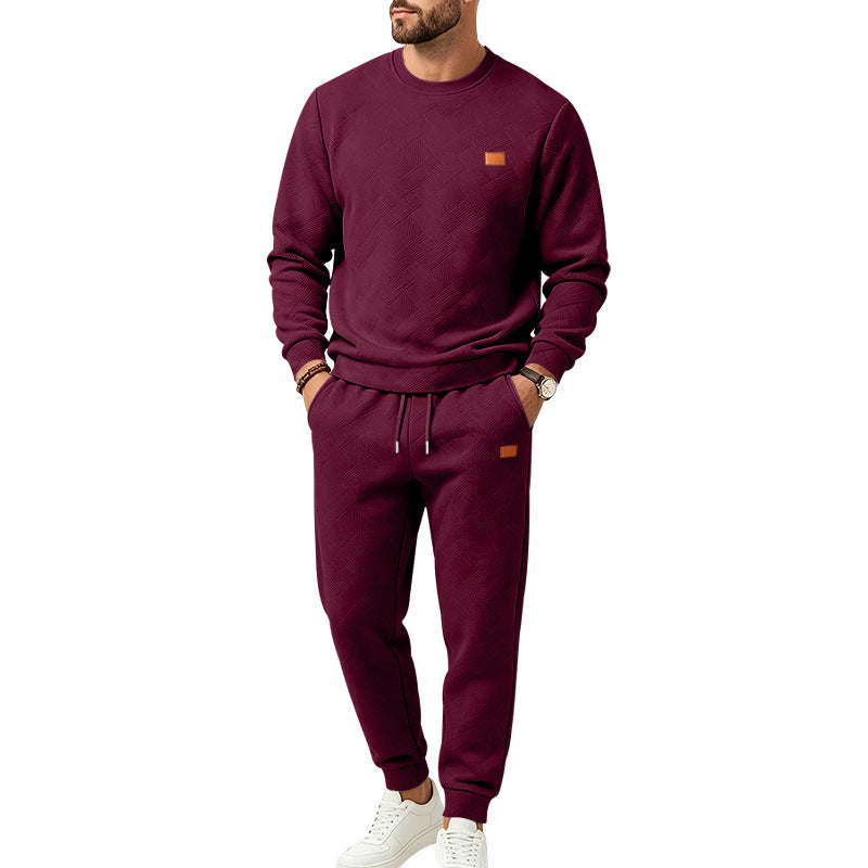 Men's Casual Textured Fleece Tracksuit with Crew Neck, Drawstring Waistband and Pockets