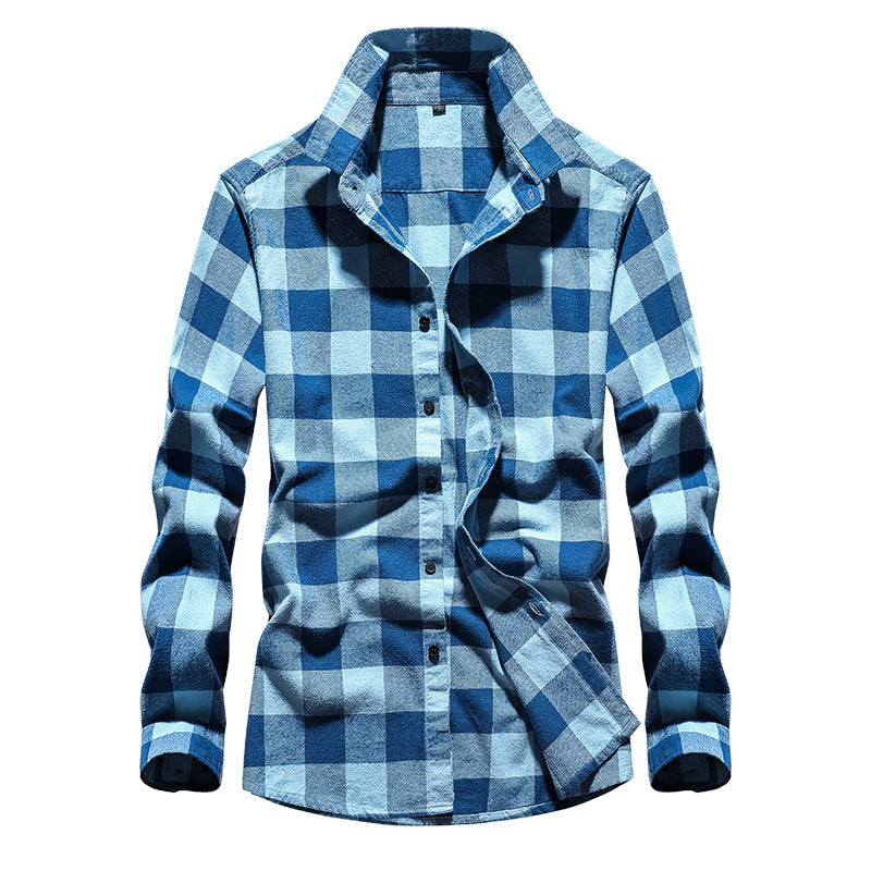 Men's Checked Flannel Shirt with Kent Collar and Full Button Placket
