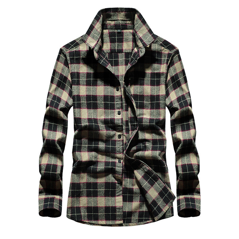 Men's Checked Flannel Shirt with Kent Collar and Full Button Placket