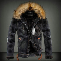 Men's Denim Trucker Jacket with Teddy Lining, Faux Fur Hood, and Distressed Details