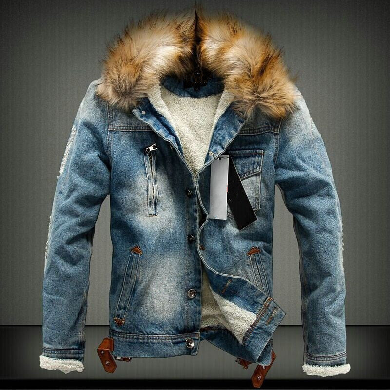 Men's Denim Trucker Jacket with Teddy Lining, Faux Fur Hood, and Distressed Details