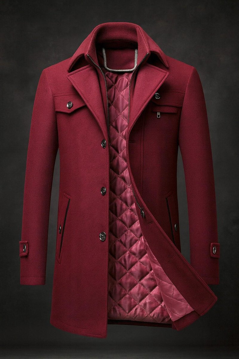 Men's Double-Collar Quilted-Lined Wool Overcoat