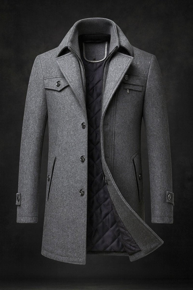 Men's Double-Collar Quilted-Lined Wool Overcoat