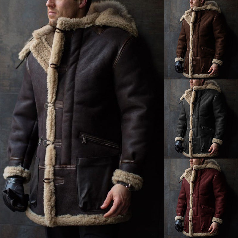 Men's Hooded Sheepskin Coat with Pockets