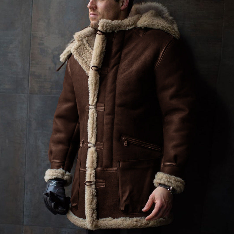 Men's Hooded Sheepskin Coat with Pockets