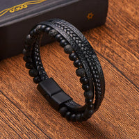 Men's Leather Bracelet with Natural Stone Obsidian and Magnetic Clasp