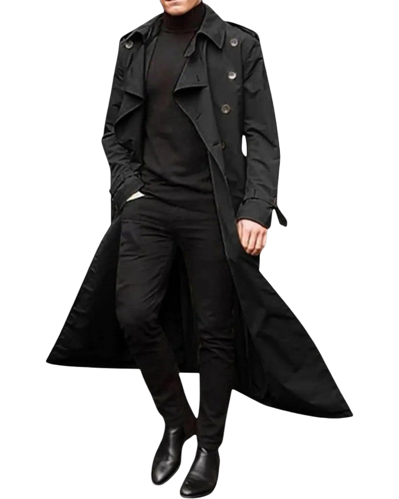 Men's Long Double-Breasted Trench Coat in Modern Style