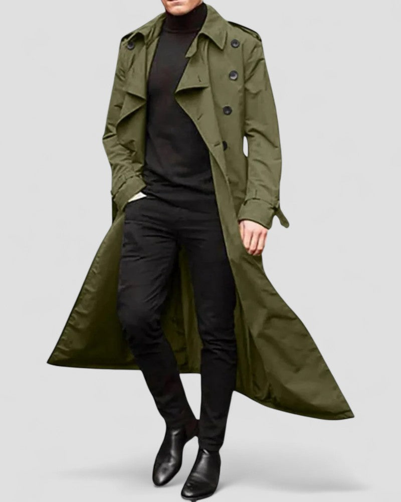 Men's Long Double-Breasted Trench Coat in Modern Style