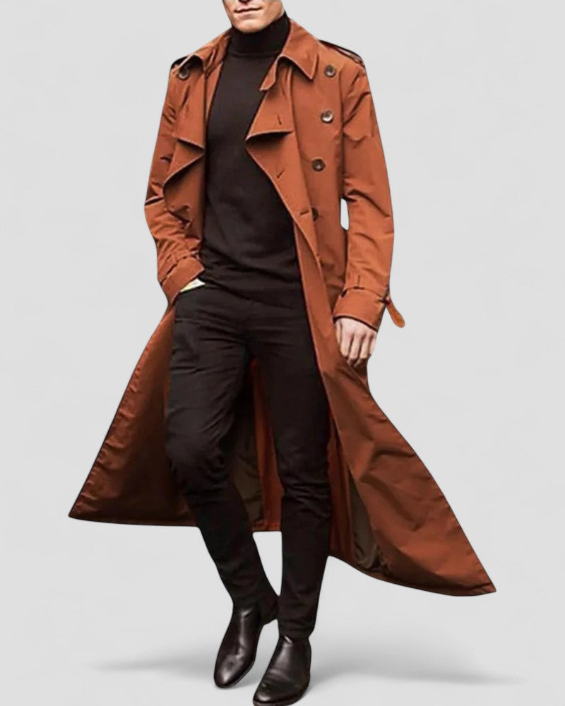 Men's Long Double-Breasted Trench Coat in Modern Style