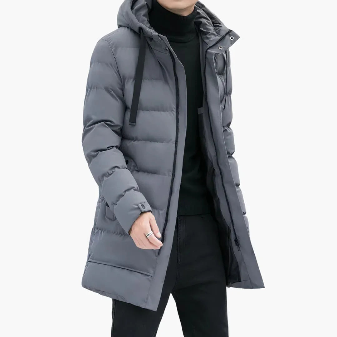 Men's Long Hooded Padded Jacket with Zip