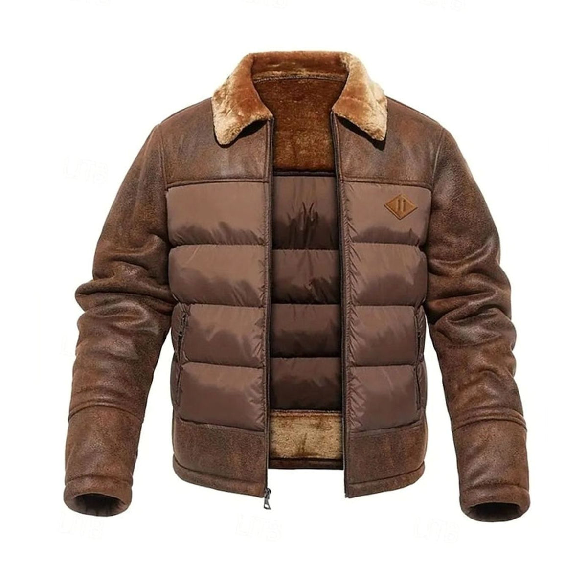 Men's Quilted Faux-Leather Insulated Winter Jacket with Sherpa Collar