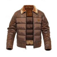 Men's Quilted Faux-Leather Insulated Winter Jacket with Sherpa Collar