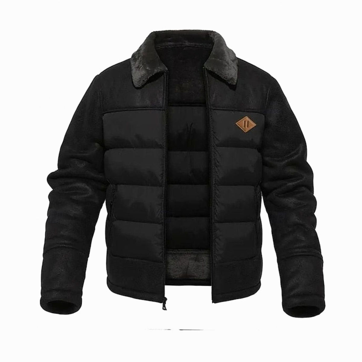 Men's Quilted Faux-Leather Insulated Winter Jacket with Sherpa Collar