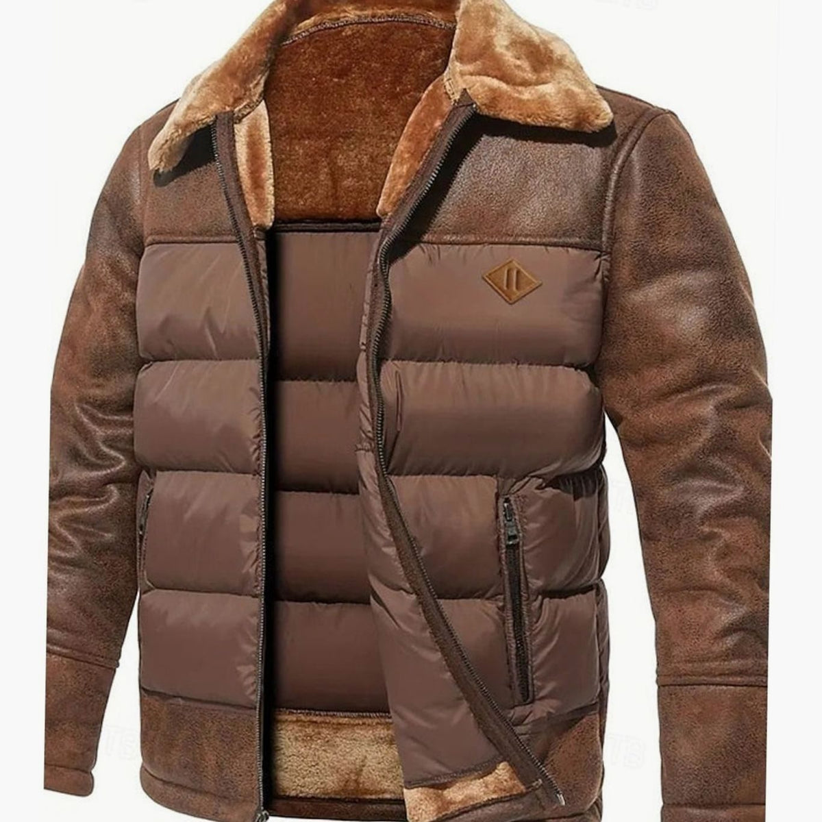 Men's Quilted Faux-Leather Insulated Winter Jacket with Sherpa Collar