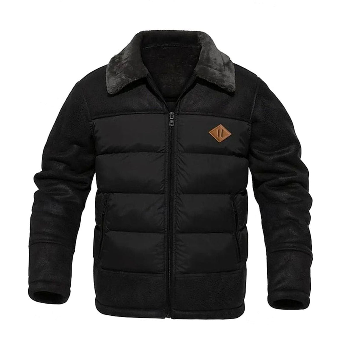 Men's Quilted Faux-Leather Insulated Winter Jacket with Sherpa Collar