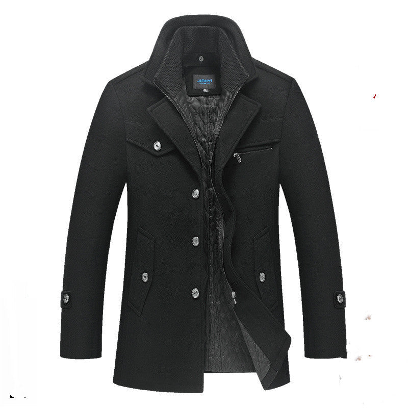 Men's Quilted Long Wool Coat with Stand Collar and Zip Front