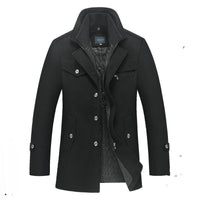 Men's Quilted Long Wool Coat with Stand Collar and Zip Front