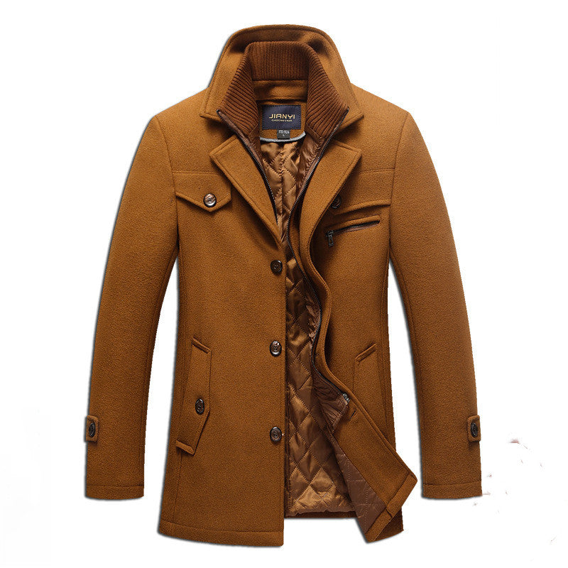 Men's Quilted Long Wool Coat with Stand Collar and Zip Front
