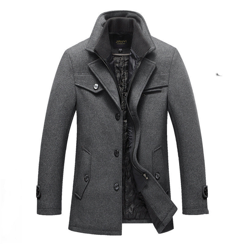 Men's Quilted Long Wool Coat with Stand Collar and Zip Front